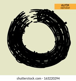 art sketched stylization alphabet in vector, black grungy ink font, sign O