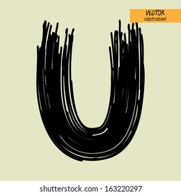 kunstskizziertes stylisiertes Alphabet in Vektorgrafik, schwarz grungy Tinte Schriftart, Zeichen U
