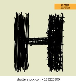 alfabeto de estilización esbozado en el vector, fuente de tinta gris negro, signo H
