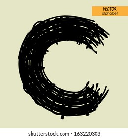 art sketched stylization alphabet in vector, black grungy ink font, sign C