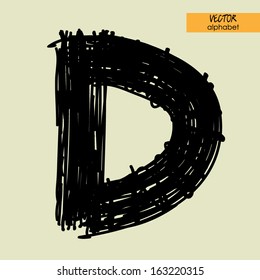 art sketched stylization alphabet in vector, black grungy ink font, sign D