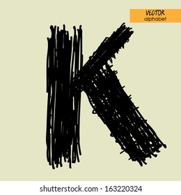 art sketched stylization alphabet in vector, black grungy ink font, sign K