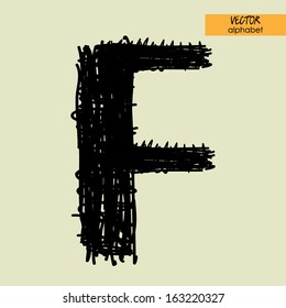 alfabeto de estilización esbozado en el vector, fuente de tinta gruesa negra, signo F