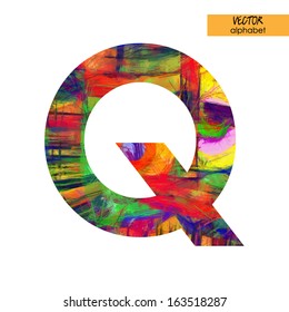 art sketched stylization alphabet in vector, rainbow font, drawn with colored pencils,  sign Q