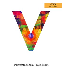 art sketched stylization alphabet in vector, rainbow font, drawn with colored pencils,  sign V