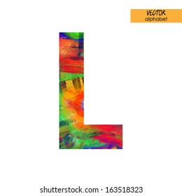 art sketched stylization alphabet in vector, rainbow font, drawn with colored pencils,  sign L