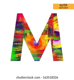 art sketched stylization alphabet in vector, rainbow font, drawn with colored pencils,  sign M