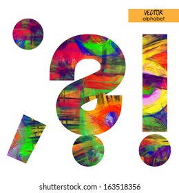 alfabeto de estilización esbozado en arte en vectores, fuente arco iris, dibujado con lápices de colores, período de signo, coma, signo de interrogación o signo de exclamación