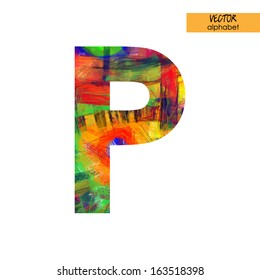 art sketched stylization alphabet in vector, rainbow font, drawn with colored pencils,  sign P