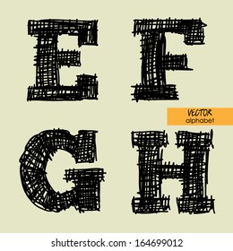 art sketched stylized alphabet in vector, black grungy ink font, signs E, F, G, H