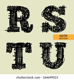 art sketched stylized alphabet in vector, black grungy ink font, signs R, S, T, U