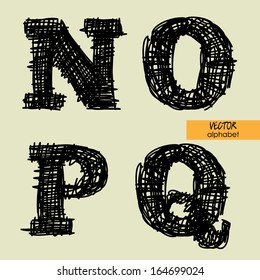 art sketched stylized alphabet in vector, black grungy ink font, signs N, O, P, Q