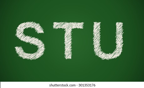 Art sketched stylized alphabet in vector, black grungy ink font, signs S, T, U