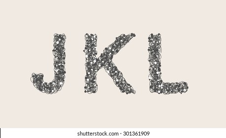 Art sketched stylized alphabet in vector, black grungy ink font, signs J, K, L