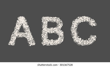 Art sketched stylized alphabet in vector, black grungy ink font, signs A, B, C