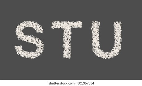 Art sketched stylized alphabet in vector, black grungy ink font, signs S, T, U