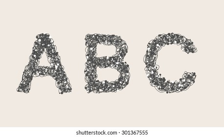 Art sketched stylized alphabet in vector, black grungy ink font, signs A, B, C