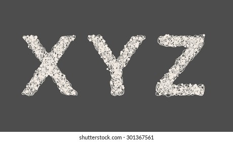 Art sketched stylized alphabet in vector, black grungy ink font, signs X, Y, Z