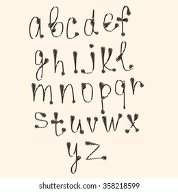 art sketched stylized alphabet in vector, black grungy ink font, signs. EPS 10