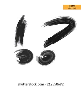 art sketched stylized ink doodle alphabet in vector, black grungy font, question and exclamation marks