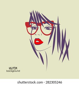 art sketched vector of girl face symbols with short straight hair and glasses