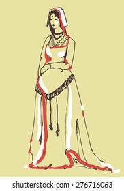 art sketched women in costume of gothic period. historical costume. 13 century. theatre costume