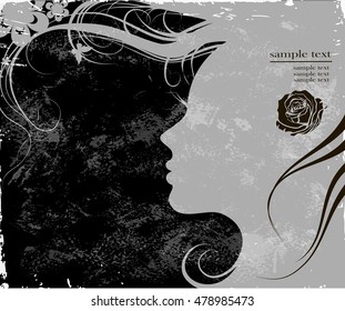 art sketches beautiful girl face in profile with floral hair, in black and white