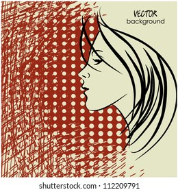 art sketches vector beautiful girl face symbol in profile with long straight hair on halftone pattern, with space for text
