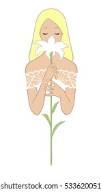 Art sketching of beautiful young blonde bride with white lily flower. Vector illustration, isolated on white background.