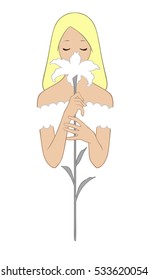 Art sketching of beautiful young blonde bride with lily flower. Vector illustration, isolated on white background.