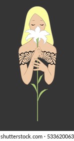 Art sketching of beautiful young blonde woman in black dress with white lily flower. Vector illustration, isolated on dark background.