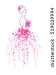 Art sketching of beautiful young bride with pink flowers. Vector illustration, isolated on white background.