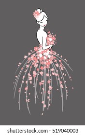 Art sketching of beautiful young bride with pink flowers. Vector illustration, on dark background.