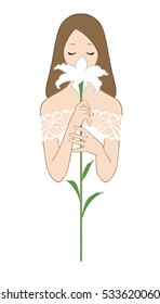 Art sketching of beautiful young bride with white lily flower. Vector illustration, isolated on white background.