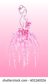 Art sketching of beautiful young bride with pink flowers. Vector illustration of pretty girl in ball gown.