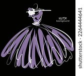 art sketching isolated vector drawing of bride dress for wedding; clear light violet silk dress with full skirt and bow; illustration, black background, space for text, greeting card