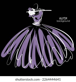 art sketching isolated vector drawing of bride dress for wedding; clear light violet silk dress with full skirt and bow; illustration, black background, space for text, greeting card