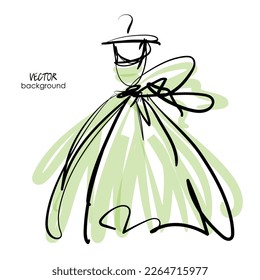 dibujo artístico de dibujos vectoriales aislados del vestido de novia para la boda; vestido claro de seda verde claro con falda completa y arco; ilustración a mano alzada, espacio para texto, tarjeta de saludo