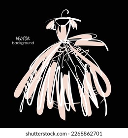 dibujo artístico de dibujos vectoriales aislados del vestido de novia para la boda; vestido claro de seda rosa claro con falda y arco completos; ilustración, fondo negro, espacio para texto, tarjeta de saludo