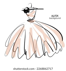 art sketching isolated vector drawing of bride dress for wedding; clear light pink silk dress with full skirt and bow; illustration, space for text, greeting card