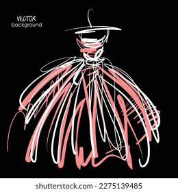 art sketching isolated vector drawing of bride dress for wedding; clear light pink silk dress with full skirt and bow; illustration, black background, space for text, greeting card