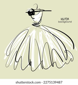 dibujo artístico de dibujos vectoriales aislados del vestido de novia para la boda; vestido de seda blanca con falda completa y arco; ilustración, espacio para texto, tarjeta de saludo