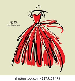 art sketching isolated vector drawing of bride dress for wedding; red silk dress with full skirt and bow; illustration, space for text, greeting card