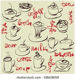 art sketching set of vector coffee and tea symbols