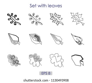 Art sketching set of vector leaves symbols, different interesting contours of tree leaves, logo, black silhouette, creative vector illustration, EPS 8