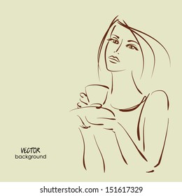 art sketching vector of beautiful young woman with cup coffee 