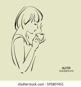 art sketching vector of beautiful young woman with cup coffee or tea.
