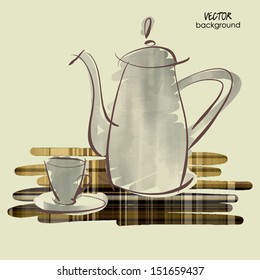 arte esboçando vetor de café e xícara na mesa em cores castanhas e prateadas