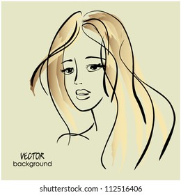 art sketching vector girl face  with long hair symbols