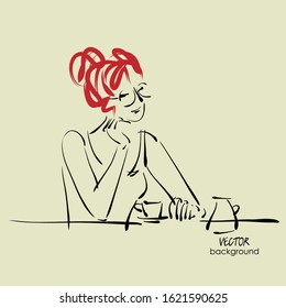 art sketching vector of sitting beautiful young woman with cup coffee and milk jug